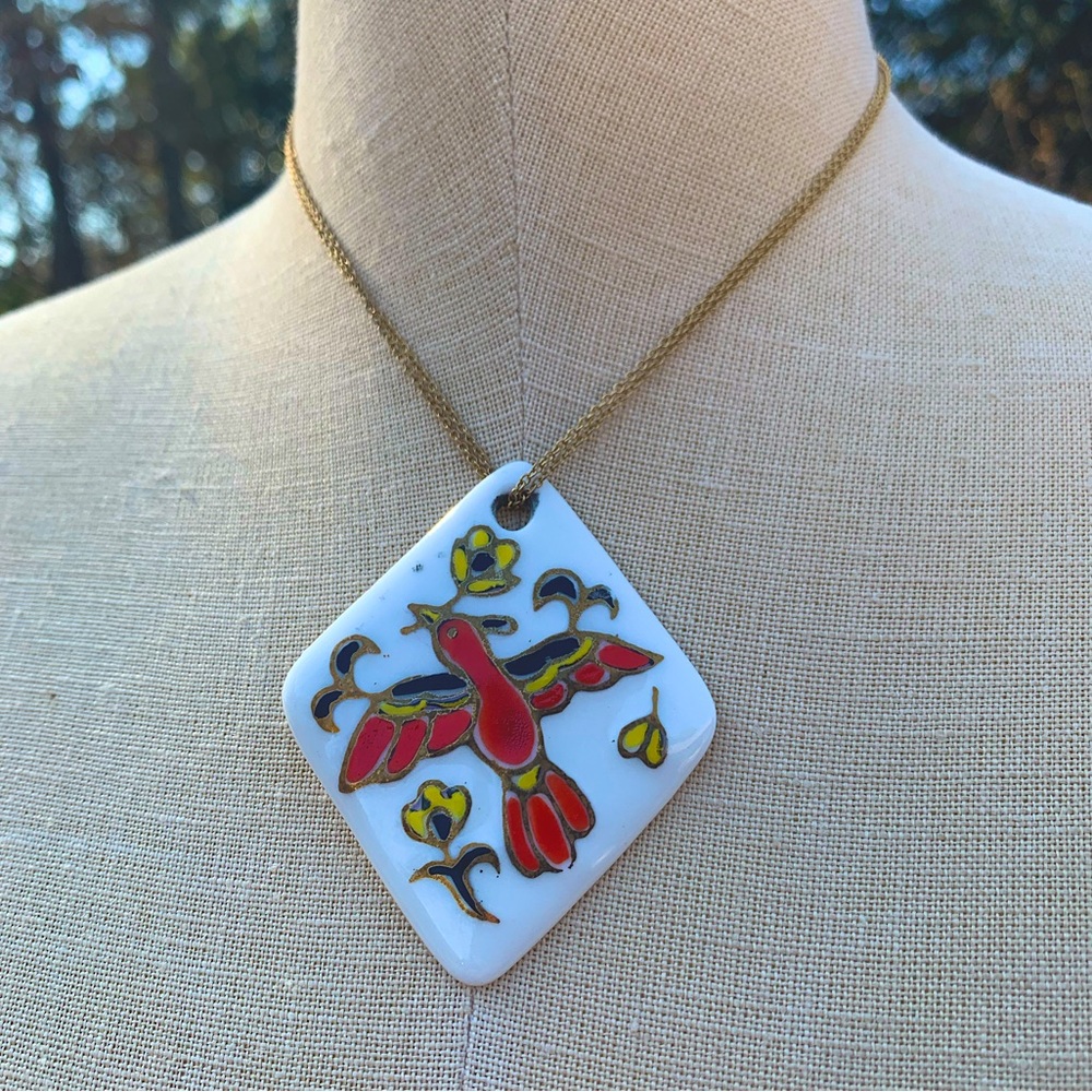 Hand-Painted Porcelain Bird Diamond Necklace